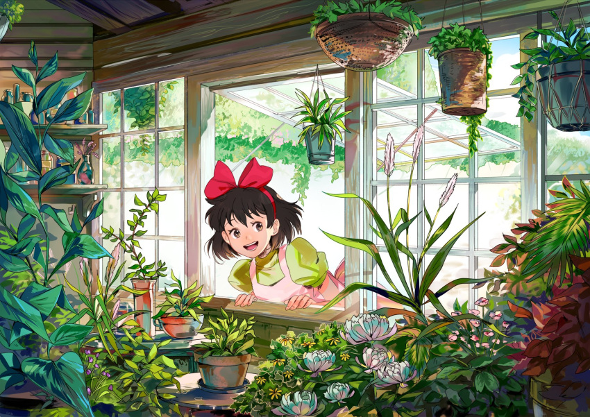 1girl apron bangs brown_eyes brown_hair commentary day derivative_work dress english_commentary flower green_dress hair_ribbon highres indoors kiki leaning_forward lulu_season majo_no_takkyuubin open_mouth pink_flower plant potted_plant puffy_short_sleeves puffy_sleeves red_ribbon ribbon screencap_redraw short_hair short_sleeves smile solo white_apron white_flower window