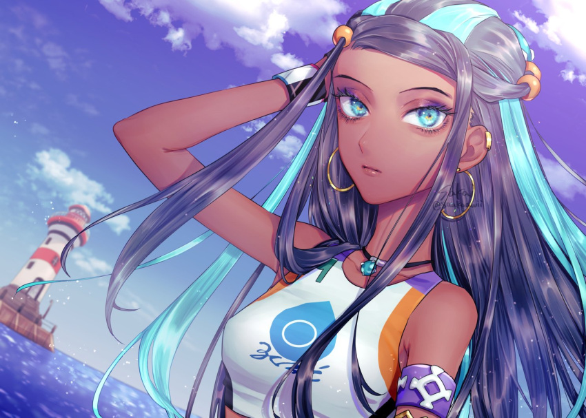 1girl armlet artist_name black_hair blue_eyes closed_mouth clouds commentary dark_skin day dynamax_band earrings eyelashes gym_leader hoop_earrings jewelry lighthouse long_hair makeup multicolored_hair necklace nessa_(pokemon) outdoors pokemon pokemon_(game) pokemon_swsh purple_eyeshadow sakai_(motomei) sky solo two-tone_hair water watermark