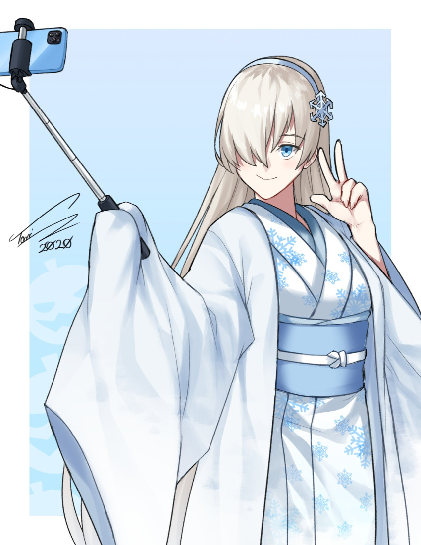 1girl absurdly_long_hair anastasia_(fate) blue_background blue_eyes blue_hairband blue_kimono blush border cellphone fate/grand_order fate_(series) grey_hair hair_ornament hair_over_one_eye hairband halloween_costume highres japanese_clothes kimono long_hair obi phone print_kimono sash selfie_stick signature sleeves_past_wrists smartphone smile snowflake_hair_ornament snowflake_print solo toni_nguyen type-moon ufotable very_long_hair w white_border wide_sleeves