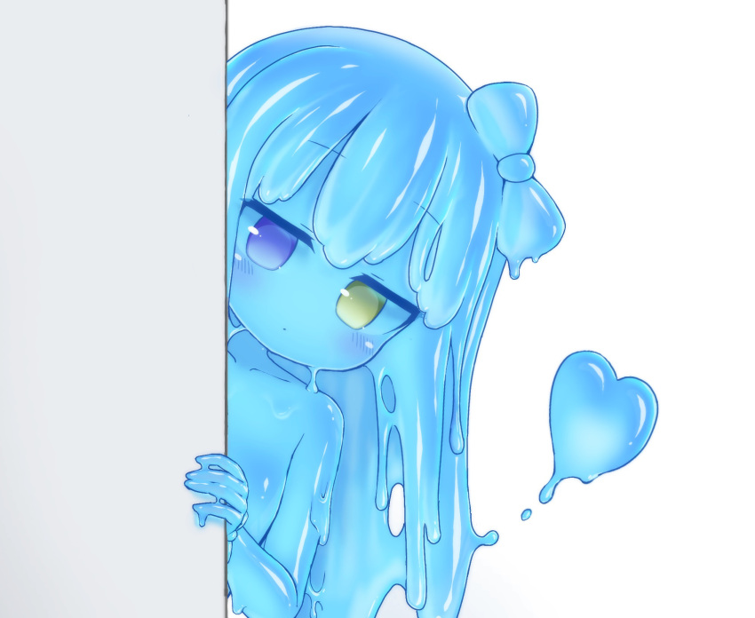 1girl blue_bow blue_eyes blue_hair blue_sclera blue_skin blush bow closed_mouth flat_chest hair_bow head_tilt heart heterochromia highres kixyuresu long_hair looking_at_viewer monster_girl nude original peeking_out simple_background slime_girl solo violet_eyes white_background yellow_eyes