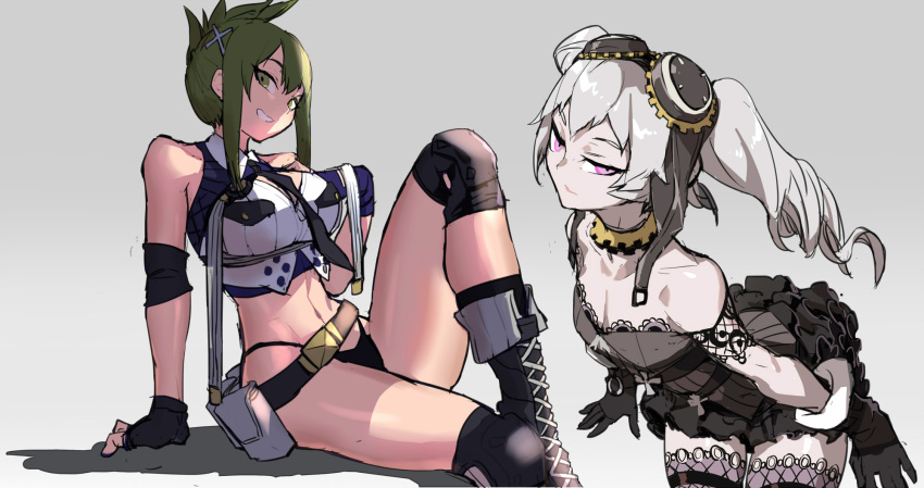 2girls black_gloves black_hair breasts brown_eyes brown_hair fingerless_gloves flat_chest gloves goggles goggles_on_head grey_hair hand_on_hip highres kisaragi_chitose lamian_(pixiv415608) large_breasts leaning_back leaning_forward multiple_girls navel nine_(super_robot_wars) smile super_robot_wars super_robot_wars_v thigh-highs thong tied_hair twintails violet_eyes