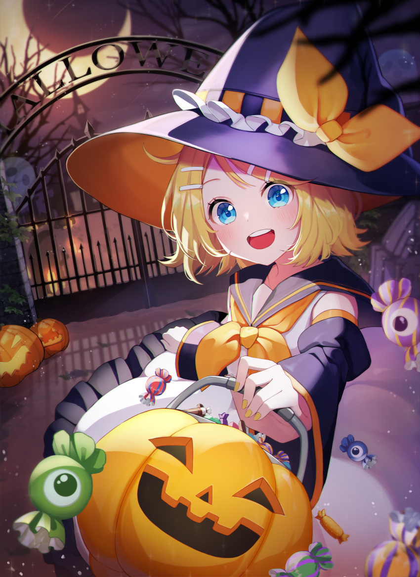 1girl absurdres alternate_costume bangs black_headwear blonde_hair blue_eyes blush bow candy commentary creature detached_sleeves fence food ghost hair_ornament hairclip halloween hat hat_ribbon highres holding jack-o'-lantern kagamine_rin long_sleeves looking_at_viewer nani_(goodrich) open_mouth orange_headwear orange_ribbon pumpkin ribbon sailor_collar short_hair smile solo upper_teeth vocaloid witch_hat