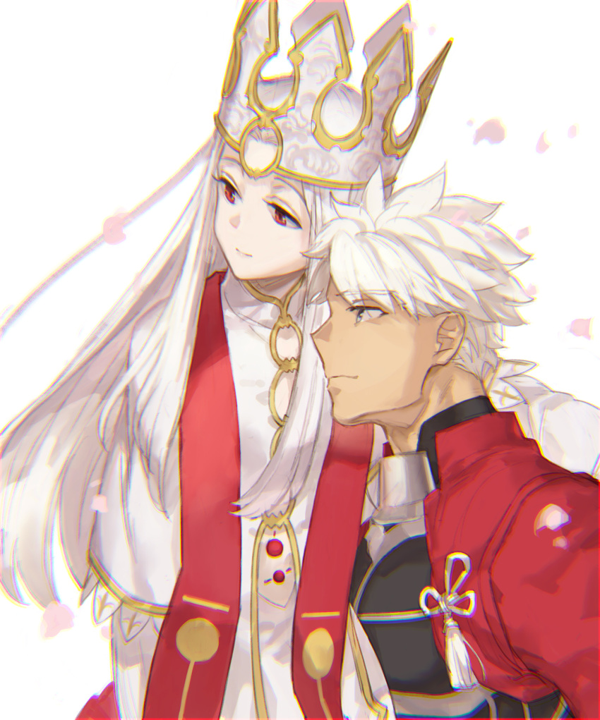 1boy 1girl archer armor cherry_blossoms crown dark_skin dignjooo dress dress_of_heaven fate/stay_night fate_(series) heaven's_feel highres illyasviel_von_einzbern long_hair looking_afar pale_skin red_eyes side-by-side smile white_background white_hair