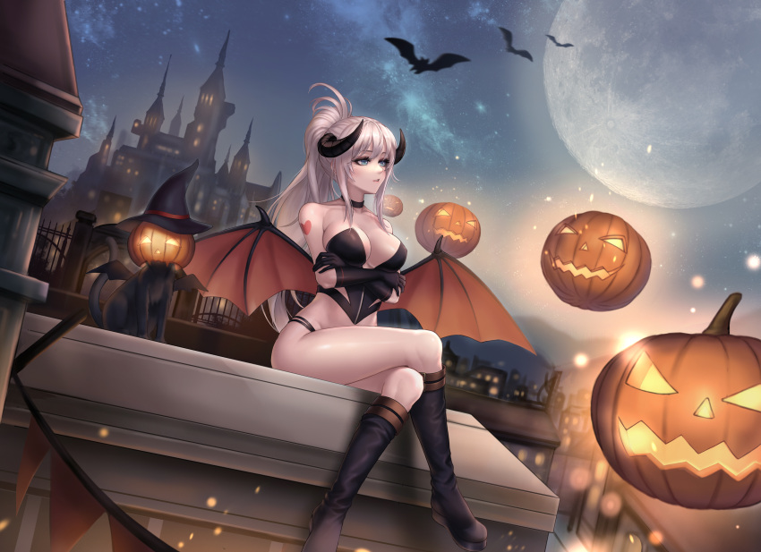1girl absurdres boots breasts commission demon_girl dungeon_and_fighter grey_hair halloween highres kie_(wylee2212) large_breasts silver_hair succubus thigh-highs thigh_boots