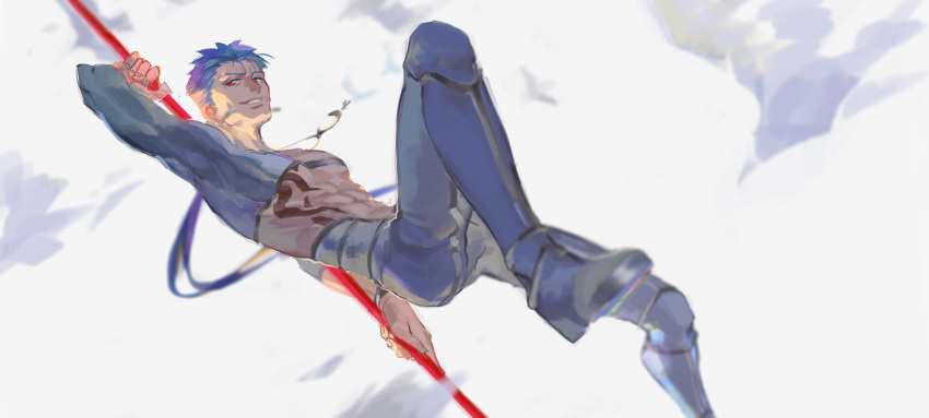 1boy abs arm_up blue_hair bodypaint bracelet clouds crescent_necklace cu_chulainn_(fate)_(all) detached_sleeves earrings fate/grand_order fate/stay_night fate_(series) gae_bolg grin holding holding_weapon jewelry jumping kaya_(kayegoon) lancer leg_up long_hair male_focus muscle necklace pants polearm ponytail red_eyes skin_tight smile solo spiky_hair type-moon weapon