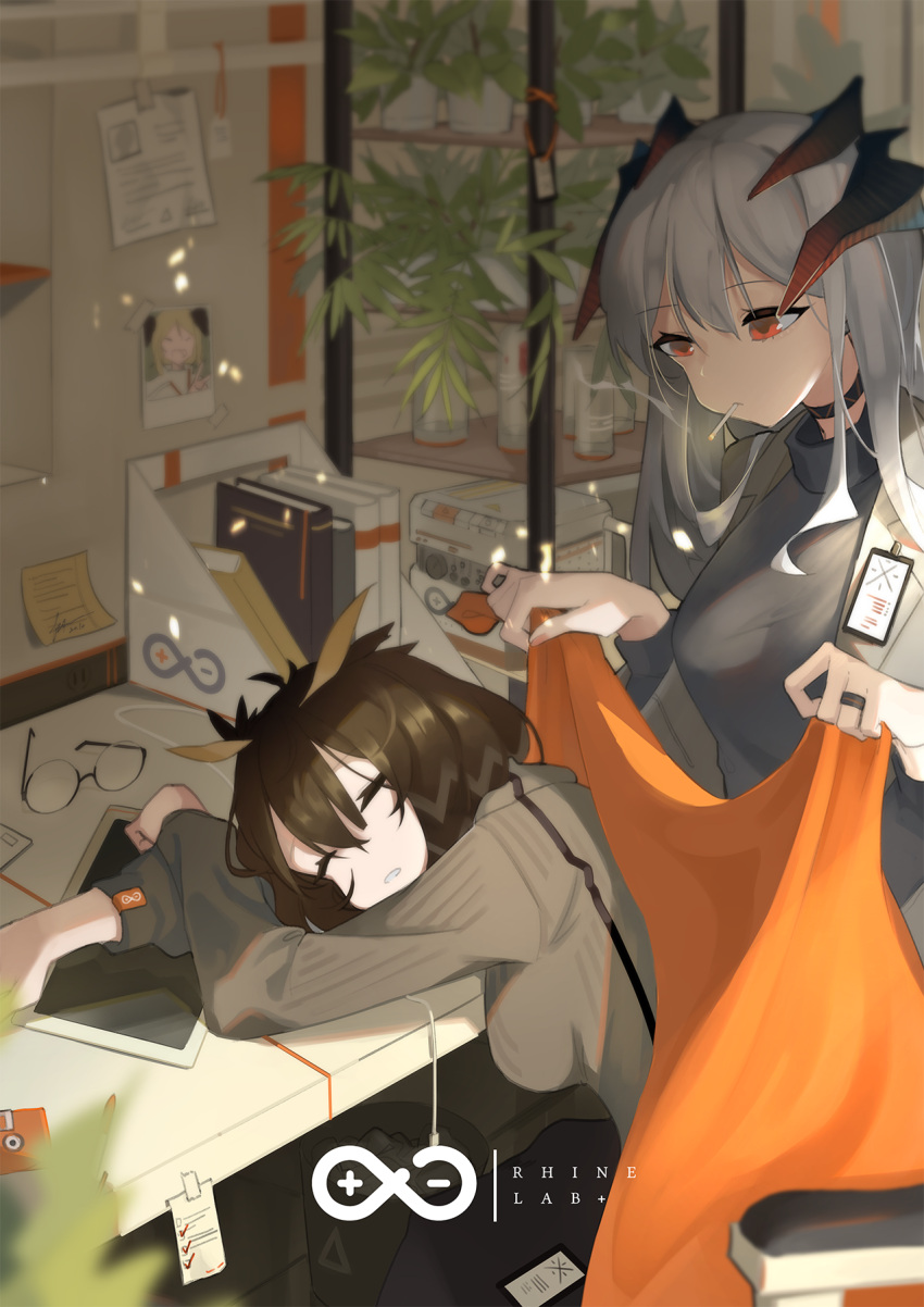 2girls arknights blanket breasts brown_hair cigarette closed_eyes eyewear_removed fataaa glasses grey_sweater highres horns ifrit_(arknights) indoors long_sleeves medium_breasts mouth_hold multiple_girls orange_eyes parted_lips photo_(object) plant rhine_lab_logo saria_(arknights) short_hair silence_(arknights) silver_hair sleeping smoking sweater