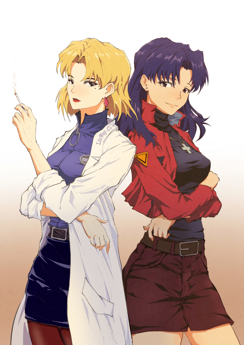 2girls absurdres akagi_ritsuko arms_under_breasts artist_name back-to-back bangs belt belt_buckle black_eyes black_shirt black_skirt blonde_hair blue_shirt bob_cut brown_background brown_legwear buckle chinese_commentary cigarette commentary cowboy_shot cropped_jacket cross cross_necklace earrings expressionless gradient gradient_background highres holding holding_cigarette jacket jewelry katsuragi_misato labcoat light_smile linway lipstick long_hair long_jacket looking_at_viewer makeup mole mole_under_eye multiple_girls necklace neon_genesis_evangelion open_clothes open_jacket pantyhose parted_bangs pencil_skirt purple_hair red_jacket red_lips shirt short_hair skirt smile smoking turtleneck white_background white_jacket zipper_pull_tab