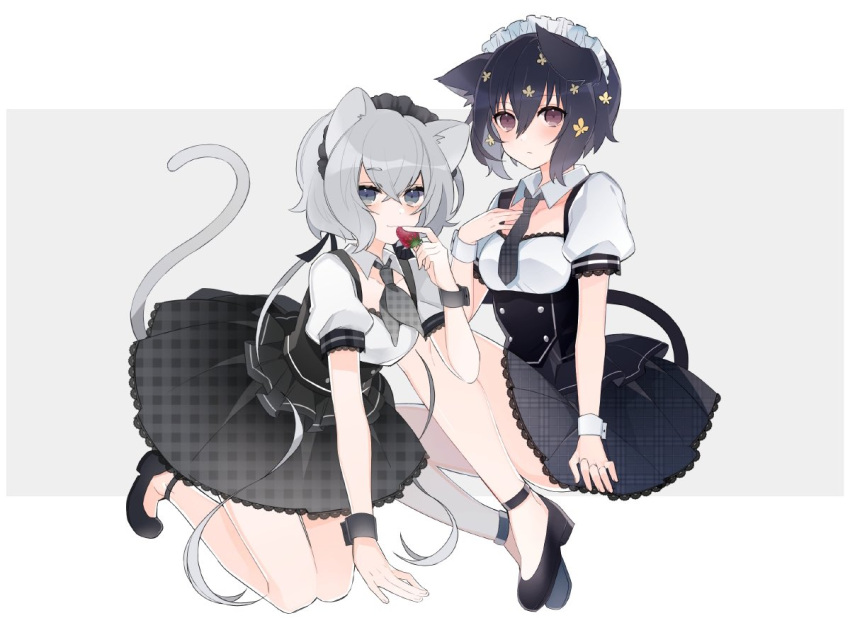2girls animal_ears black_dress black_footwear black_hair black_hairband black_neckwear blue_eyes cat_ears cat_tail closed_mouth collar detached_collar dress eyebrows_visible_through_hair flats flower food fruit grey_background grey_hair hair_flower hair_ornament hairband hand_on_own_chest holding holding_food holding_fruit idol invisible_chair kemonomimi_mode kneeling konno_junko lace-trimmed_dress lace_trim light_frown looking_at_viewer maid_headdress mizuno_ai multiple_girls necktie puffy_short_sleeves puffy_sleeves red_eyes short_dress short_sleeves sitting smile strawberry tail uehara_(dormmmmir_) white_collar white_hairband wing_collar zombie_land_saga
