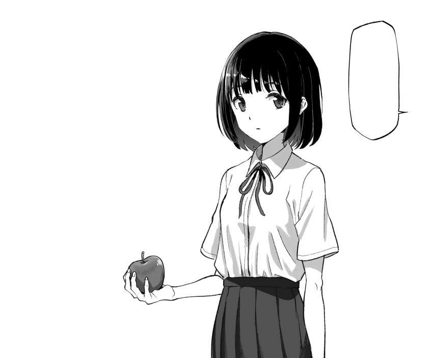 1girl apple bangs blank_speech_bubble breasts closed_mouth collared_shirt commentary_request dress_shirt eyebrows_visible_through_hair food fruit greyscale hasisisissy highres holding holding_food holding_fruit looking_at_viewer monochrome neck_ribbon original pleated_skirt ribbon school_uniform shirt short_hair short_sleeves simple_background skirt small_breasts solo speech_bubble white_background