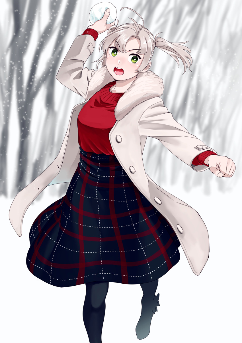 1girl absurdres black_legwear black_skirt coat feet_out_of_frame fur-trimmed_coat fur_trim green_eyes grey_hair hair_tie highres kantai_collection kinugasa_(kantai_collection) ojipon pantyhose plaid plaid_skirt red_sweater short_twintails skirt snowball solo sweater symbol_commentary throwing twintails white_coat