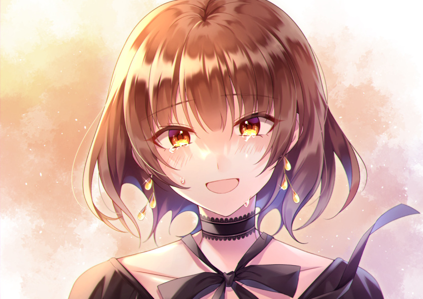 1girl :d bangs black_choker black_neckwear black_ribbon black_shirt blush brown_eyes brown_hair choker collarbone commentary_request crying crying_with_eyes_open earrings face jewelry koyoka lace-trimmed_choker lace_trim open_mouth original ribbon shirt short_hair smile solo tears