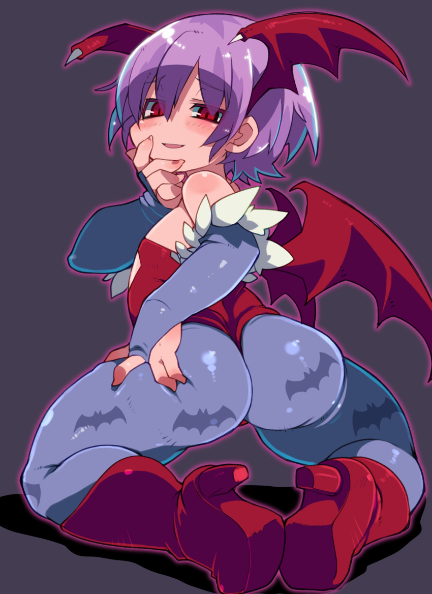 1girl animal_print ass bat_print bat_wings bridal_gauntlets commentary_request curvy demon_girl eyebrows_visible_through_hair flat_chest from_behind grey_background hair_between_eyes head_wings highres japanese_clothes kimono legs leotard lilith_aensland purple_hair red_eyes red_footwear red_leotard shirt short_hair simple_background solo succubus vampire_(game) wings zankuro