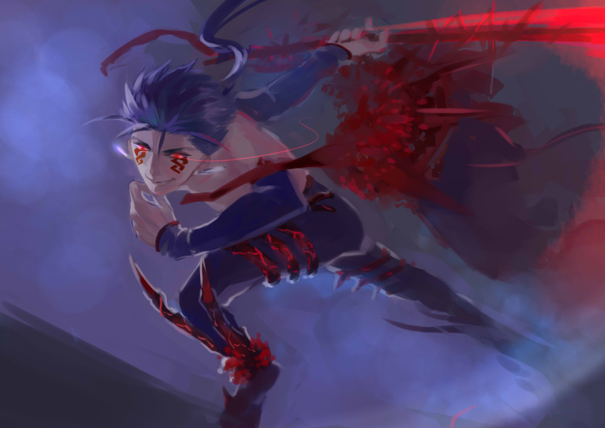 1boy absurdres blue_hair cape cu_chulainn_(fate)_(all) cu_chulainn_alter_(fate/grand_order) detached_sleeves earrings fate/grand_order fate_(series) fog gae_bolg glowing glowing_eyes grin highres holding holding_weapon jewelry kaya_(kayegoon) light_trail male_focus pants ponytail red_eyes running shirtless skin_tight slit_pupils smile solo type-moon weapon