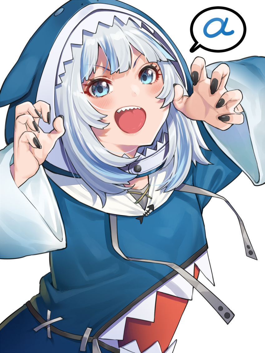 1girl animal_hood bangs blue_eyes blue_hair blue_hoodie blush breasts claw_pose gawr_gura highres hololive hololive_english hood hoodie long_sleeves looking_at_viewer medium_hair mikan_(chipstar182) multicolored_hair open_mouth shark_girl shark_hood sharp_teeth silver_hair small_breasts smile streaked_hair teeth virtual_youtuber wide_sleeves