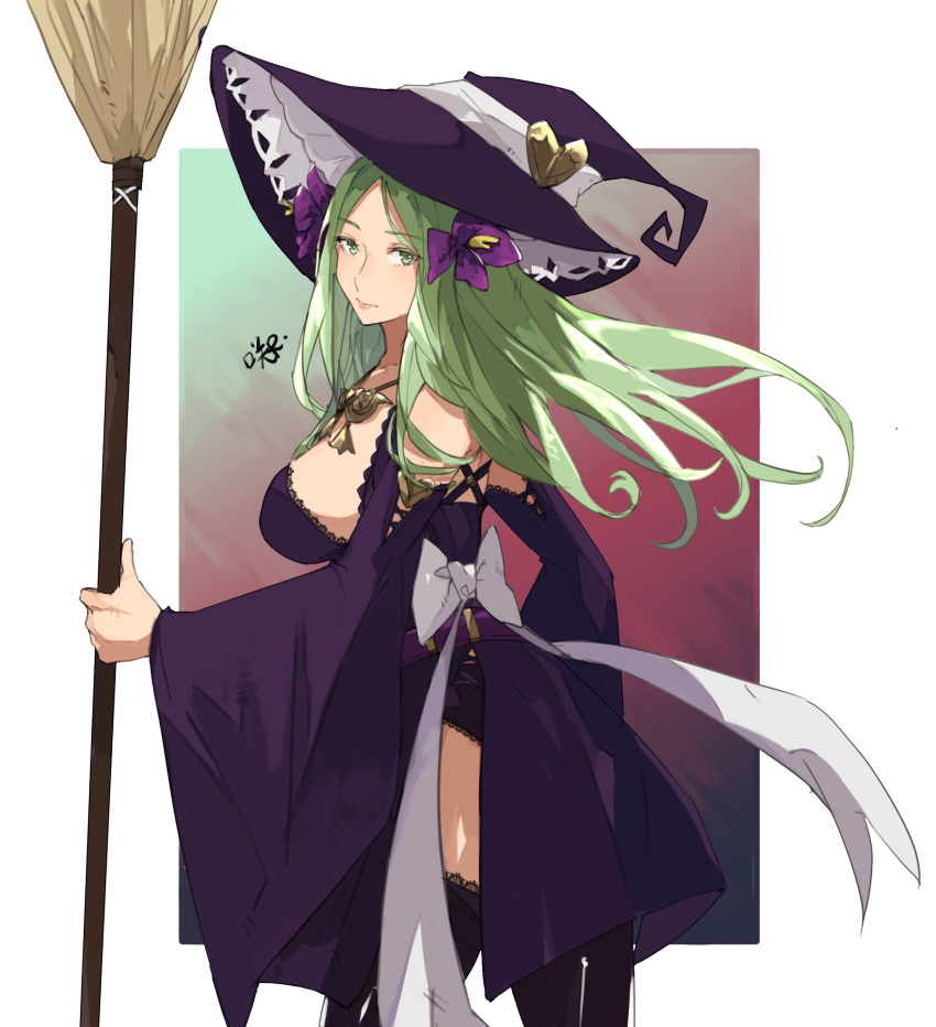 1girl back breasts broom dress fire_emblem fire_emblem:_three_houses fire_emblem:_three_houses fire_emblem_16 fire_emblem_heroes flower flower_hair_ornament flower_on_head goddess green_eyes green_hair hair_ornament halloween holding_broom intelligent_systems long_hair looking_at_viewer nintendo panties parted_lips purple_dress rhea_(fire_emblem) ribbon sakuremi solo underwear white_ribbon witch_costume witch_hat