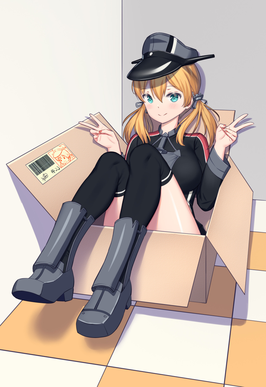 1girl absurdres anchor_hair_ornament aqua_eyes black_legwear blonde_hair box breasts cardboard_box corner double_v hair_ornament hat highres in_box in_container kantai_collection konishi_(565112307) large_breasts long_hair long_sleeves low_twintails military military_uniform peaked_cap prinz_eugen_(kantai_collection) red_nails sitting solo thigh-highs twintails uniform v