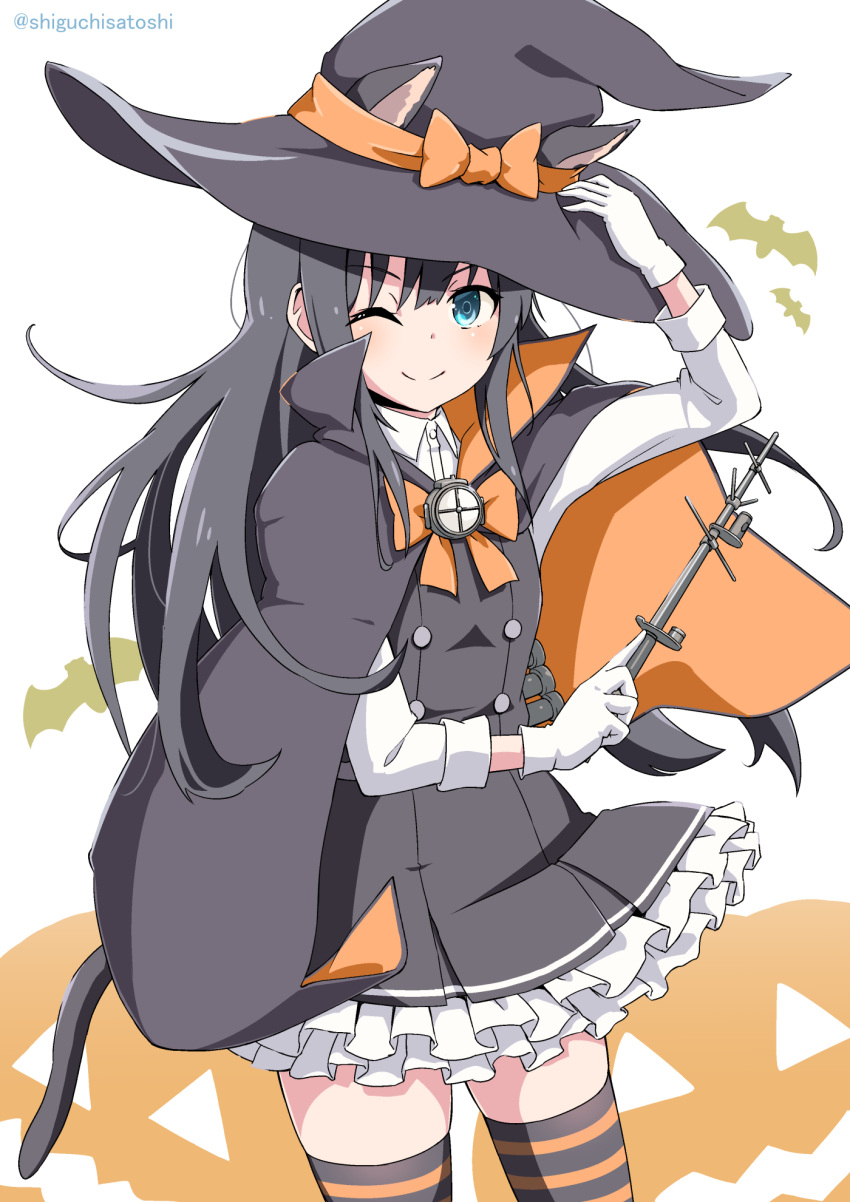 1girl ;) animal_ears asashio_(kantai_collection) bat black_cape black_hair black_headwear blue_eyes cape cat_ears cat_tail commentary_request contrapposto cowboy_shot dress frilled_dress frills gloves halloween_costume hat highres jack-o'-lantern kantai_collection long_hair long_sleeves one_eye_closed panikuru_yuuto pinafore_dress remodel_(kantai_collection) school_uniform searchlight shirt smile solo standing striped striped_legwear tail thigh-highs twitter_username wand white_gloves white_shirt witch_hat