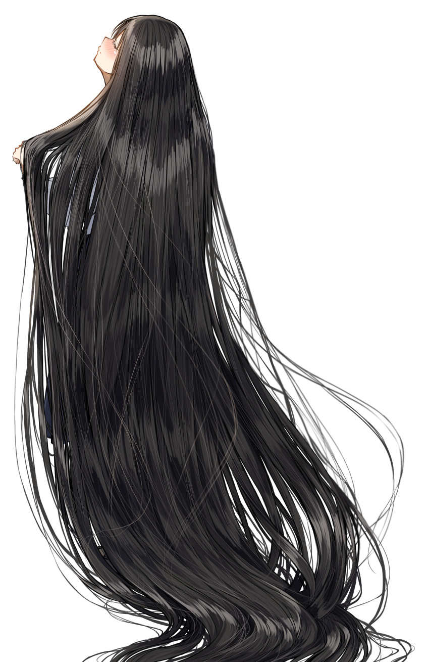 1girl absurdly_long_hair absurdres black_hair blush closed_eyes closed_mouth full_body highres long_hair long_sleeves original pentagon_(railgun_ky1206) profile shirt simple_background sleeves_past_wrists solo standing very_long_hair white_background white_shirt