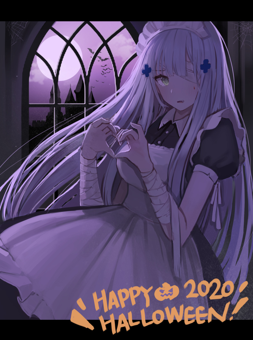 1girl 2020 absurdres alternate_costume animal apron bandage_over_one_eye bandaged_arm bandages bat black_dress blush breasts castle collared_dress dress enmaided fang frilled_apron frills full_moon girls_frontline green_eyes hair_ornament hands_up happy_halloween heart heart_hands highres hk416_(girls_frontline) indoors long_hair looking_at_viewer maid maid_apron maid_headdress medium_breasts moon parted_lips puffy_short_sleeves puffy_sleeves seorang short_sleeves silver_hair solo very_long_hair white_apron window