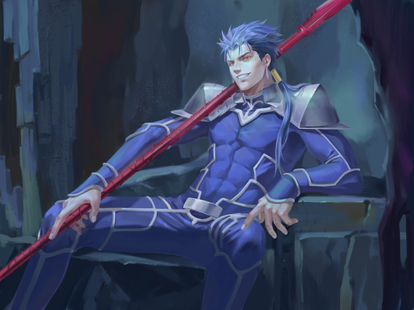 1boy abs armor beads blue_hair bodysuit cu_chulainn_(fate)_(all) earrings fate/stay_night fate_(series) gae_bolg grin hair_beads hair_ornament highres holding holding_weapon jewelry l_e_can lancer looking_at_viewer male_focus pauldrons ponytail red_eyes shoulder_armor sitting skin_tight smile solo spiky_hair type-moon weapon