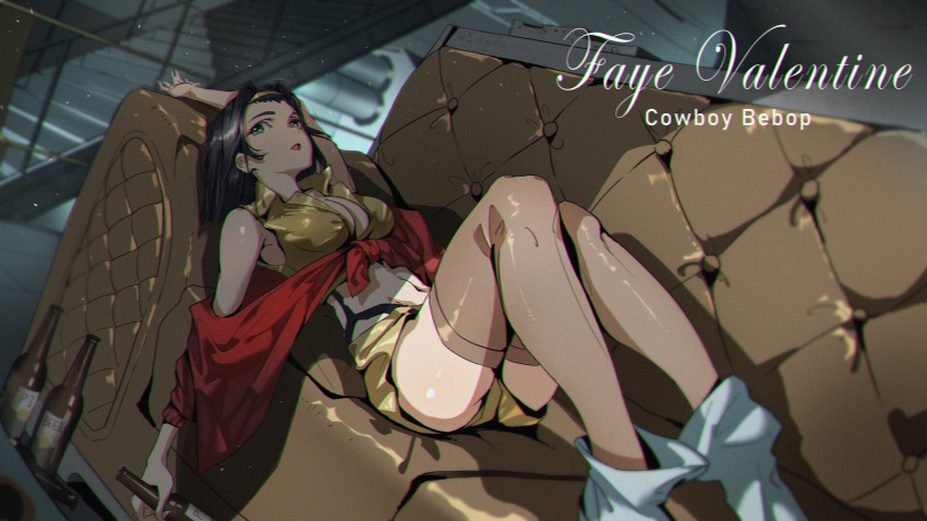 1girl arm_up beer_bottle black_hair boyu_yang breasts brown_legwear character_name clip_studio_paint_(medium) clothes_around_waist copyright_name couch cowboy_bebop english_text faye_valentine green_eyes hairband highres knees_up large_breasts looking_away lying medium_hair midriff navel on_back parted_lips photoshop_(medium) railing red_lips red_sweater shirt shorts solo stairs sweater sweater_around_waist thigh-highs yellow_hairband yellow_shirt yellow_shorts