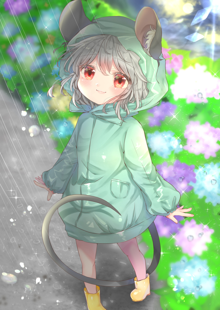 1girl absurdres alternate_costume animal_ear_fluff animal_ears arms_at_sides ashino_chimado bangs blue_flower blush boots bush closed_mouth coat commentary_request eyebrows_visible_through_hair eyes_visible_through_hair flower full_body green_coat grey_hair hair_between_eyes highres hood hood_up looking_at_viewer mouse_ears mouse_girl mouse_tail nazrin oversized_clothes pavement pink_flower purple_flower rain raincoat red_eyes short_hair smile solo spread_fingers standing tail touhou water_drop wet wet_clothes yellow_footwear
