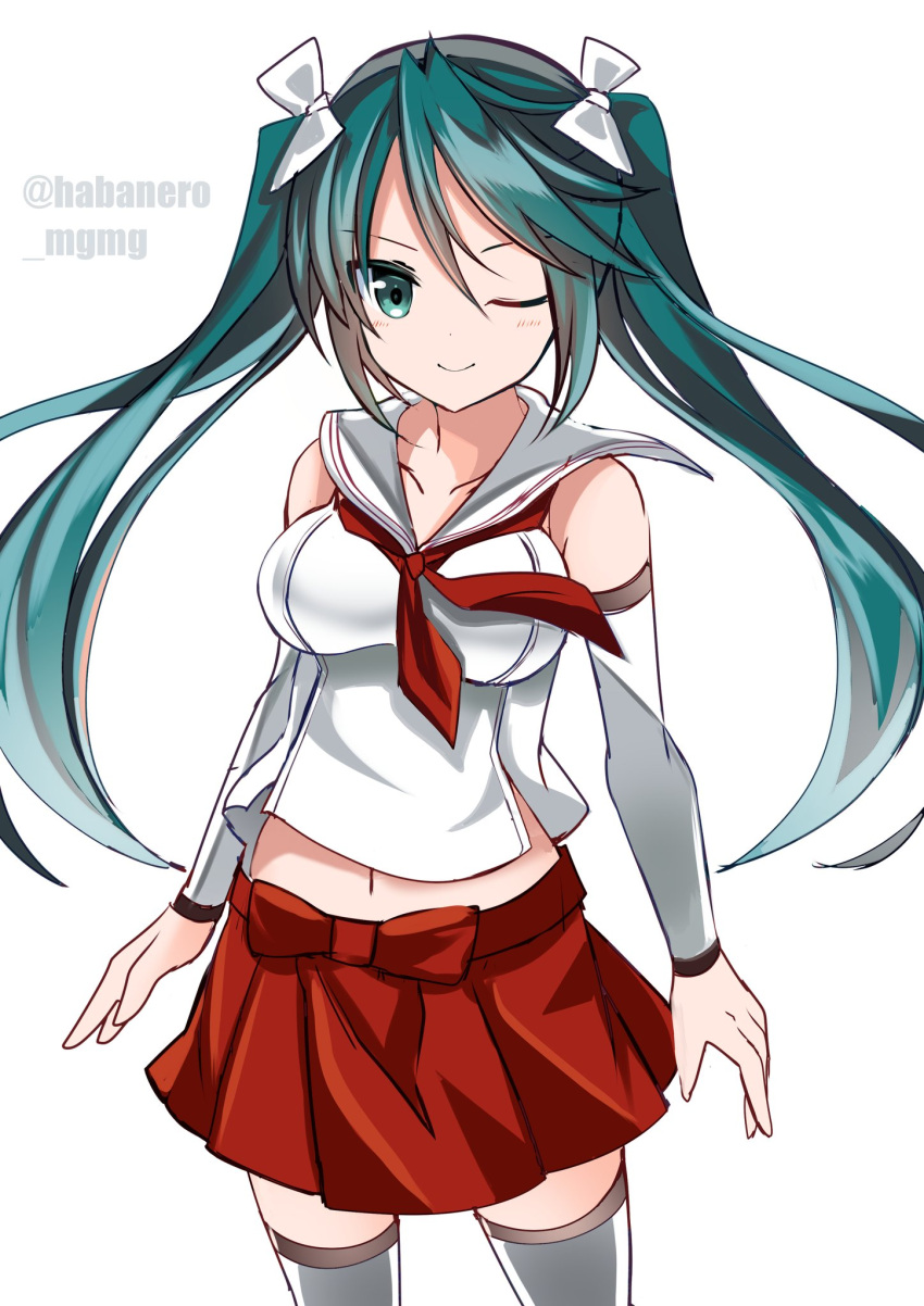 1girl breasts detached_sleeves fathom green_eyes green_hair highres isuzu_(kantai_collection) kantai_collection long_hair medium_breasts midriff neckerchief one_eye_closed pleated_skirt red_neckwear sailor_collar school_uniform serafuku shirt simple_background skirt sleeveless sleeveless_shirt solo standing thigh-highs twintails twitter_username white_background white_legwear white_sailor_collar white_shirt