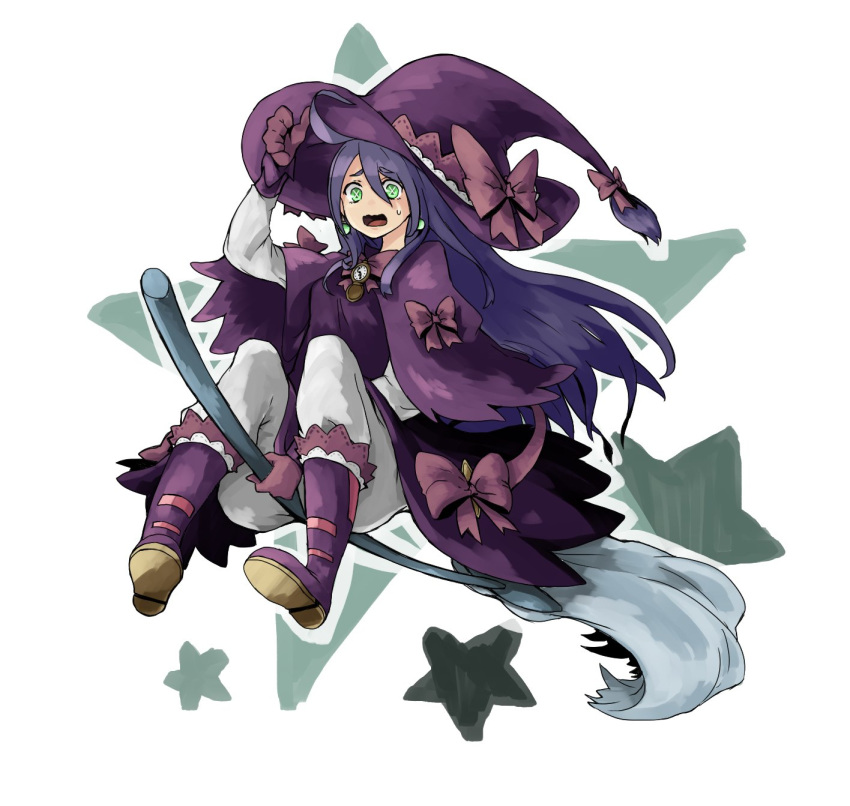 1girl boots bow broom broom_riding d: earrings gloves green_eyes hand_up hat hat_bow highres jewelry long_hair long_sleeves looking_at_viewer okame_nin open_mouth original pants pink_bow pink_gloves purple_capelet purple_footwear purple_hair purple_headwear solo watch watch white_pants witch_hat x_x