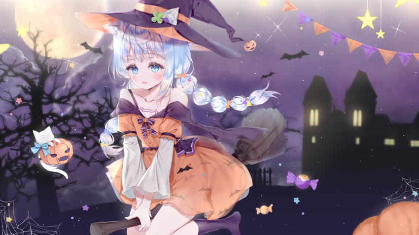 1girl :d animal animal_ear_fluff animal_ears bangs bare_shoulders bare_tree black_headwear blue_eyes blue_hair blush braid broom broom_riding building candy_wrapper cat commentary_request ears_through_headwear eyebrows_visible_through_hair fence full_moon hat highres jack-o'-lantern long_hair looking_at_viewer low_twintails moon night night_sky no_shoes off_shoulder open_mouth orange_shirt orange_skirt original outdoors pennant purple_legwear qlakwnd shirt silk skirt sky smile socks solo spider_web star_(symbol) string_of_flags tree twin_braids twintails very_long_hair witch_hat