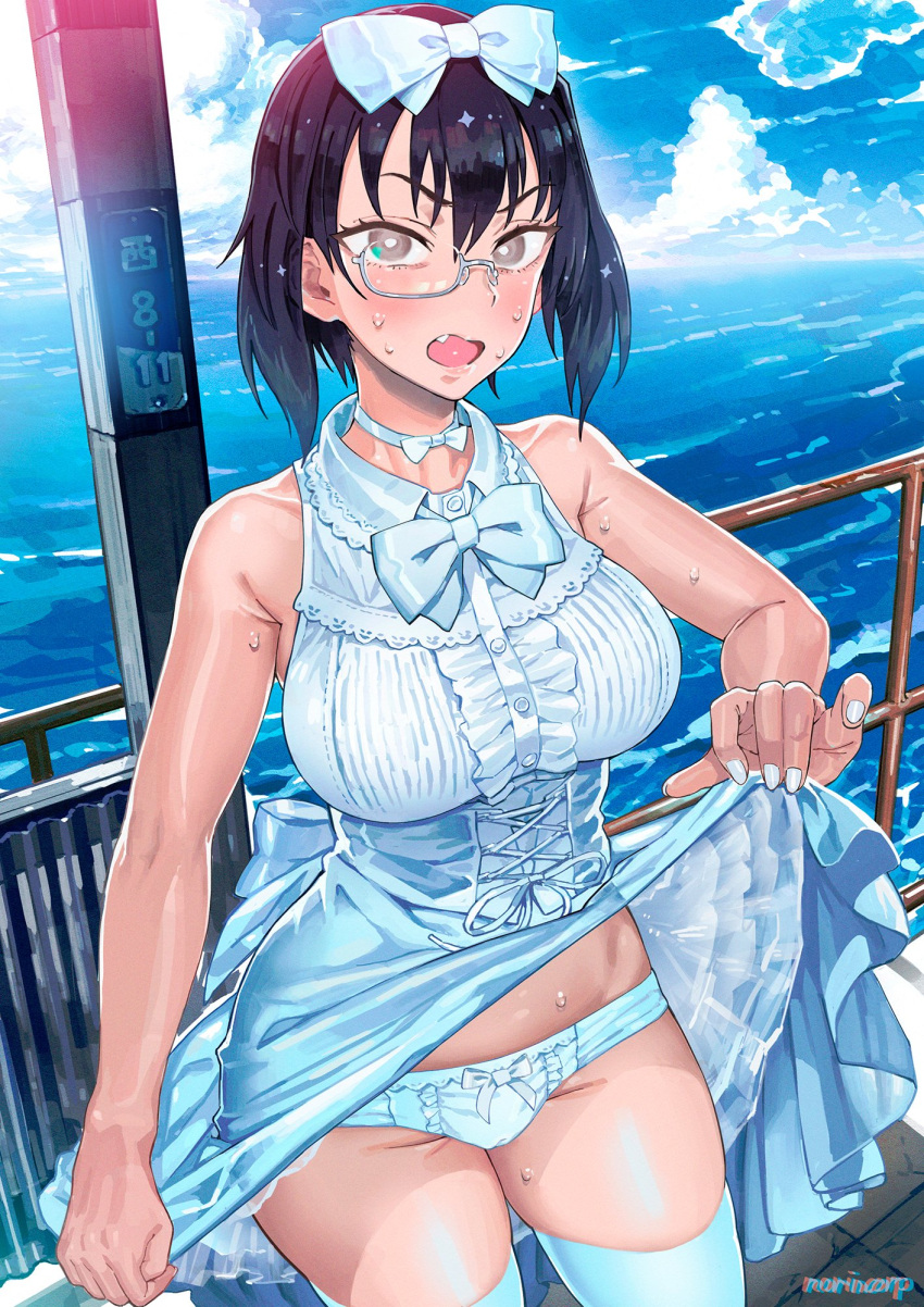1girl armpit_crease artist_name back_bow bangs bare_arms bare_shoulders black_hair blue_bow blue_choker blue_legwear blue_neckwear blue_panties blush bow bow_choker bow_panties bowtie breasts bright_pupils brown_eyes buttons center_frills choker collarbone collared_dress commentary_request cowboy_shot cross-laced_clothes day dress dress_lift embarrassed fang fingernails frilled_dress frilled_panties frills girls_und_panzer groin hair_between_eyes hair_bow hand_up highres horizon kawashima_momo large_breasts lifted_by_self looking_at_viewer monocle nail_polish norinco ocean open_mouth outdoors panties railing semi-rimless_eyewear short_hair silver-framed_eyewear sleeveless sleeveless_dress solo standing sweat thigh-highs under-rim_eyewear underwear v-shaped_eyebrows water wavy_mouth white_nails white_pupils