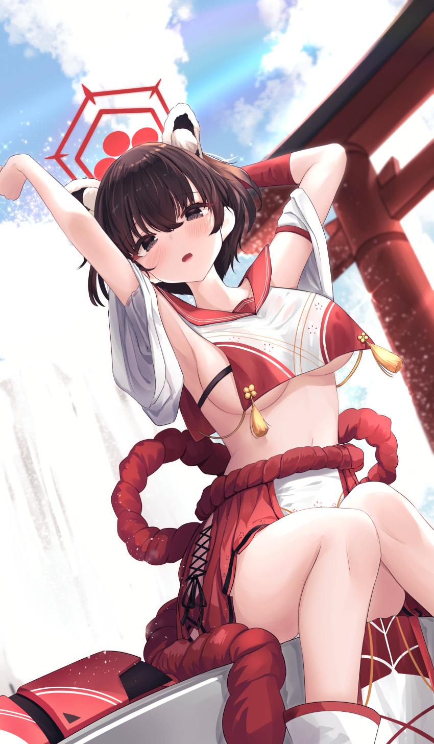 1girl absurdres animal_ears armpits arms_up bare_legs bare_shoulders black_eyes black_hair blue_archive breast_curtain breasts daran9 detached_sleeves halo highres hip_vent large_breasts looking_at_viewer midriff navel no_bra open_mouth pleated_skirt red_skirt revealing_clothes rope short_hair sideboob sitting skirt solo stretch tassel torii tsubaki_(blue_archive) under_boob