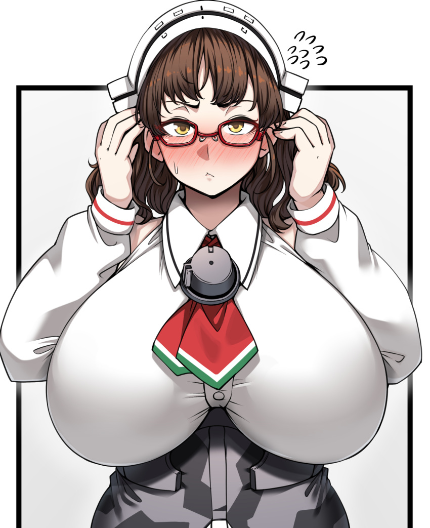 1girl alternate_eyewear bangs blunt_bangs blush breasts brown_hair detached_sleeves glasses headdress highres huge_breasts kantai_collection long_sleeves medium_hair nose_blush red-framed_eyewear roma_(kantai_collection) ryuun_(stiil) shirt solo upper_body wavy_hair white_shirt white_sleeves yellow_eyes