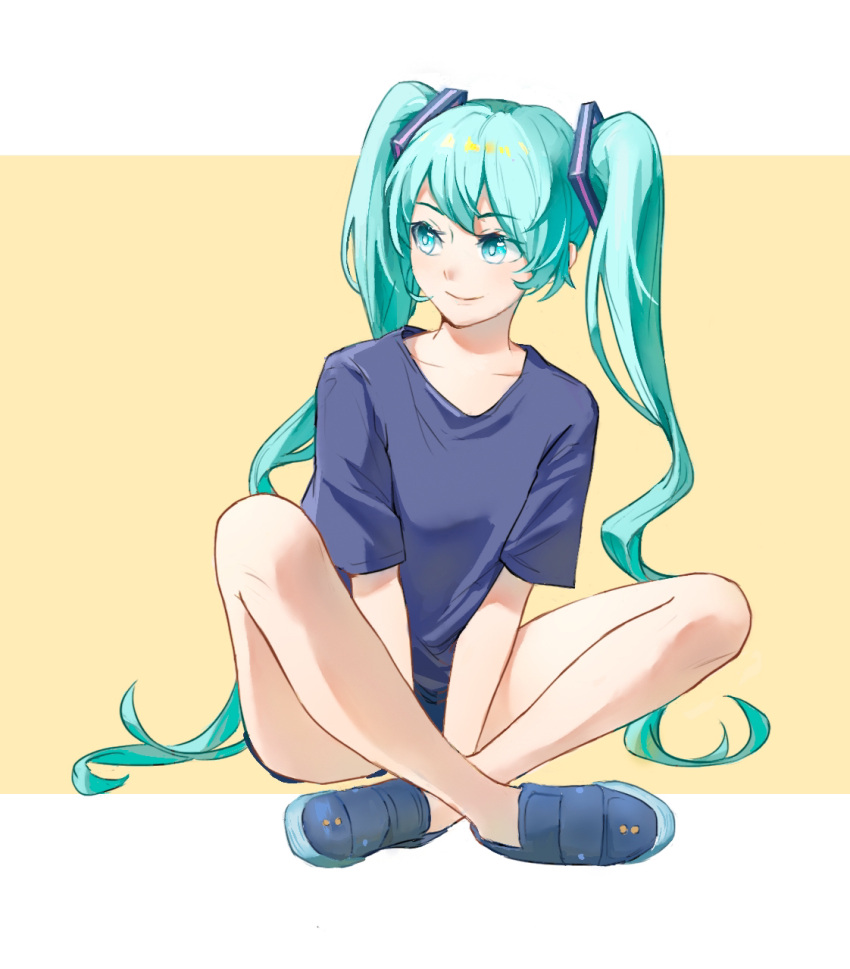 1girl aqua_hair bangs between_legs blue_eyes blue_footwear blue_shirt border closed_mouth collarbone full_body hair_ornament hand_between_legs hatsune_miku highres knip_(knipyt) letterboxed long_hair shiny shiny_hair shirt sitting smile solo t-shirt twintails very_long_hair vocaloid wariza white_border yellow_background