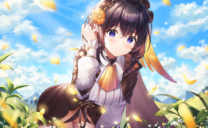 1girl ascot bent_over black_hair black_skirt blue_eyes blue_sky character_request clouds cloudy_sky collared_shirt cowboy_shot day hand_up headdress honkai_(series) honkai_impact_3rd leaf leaves_in_wind long_sleeves looking_at_viewer meadow medium_hair mellozzo miniskirt outdoors petals puffy_sleeves shirt skirt sky smile solo standing sunlight white_shirt
