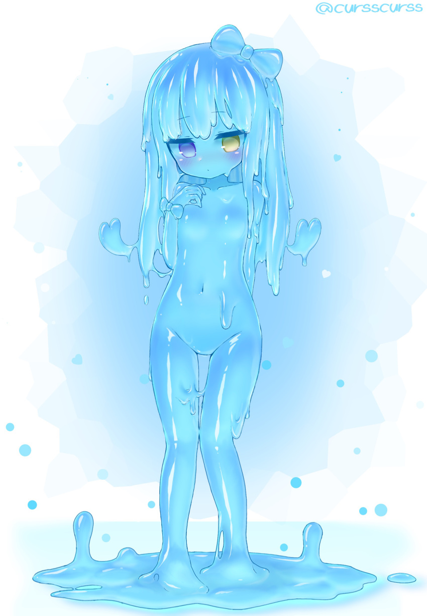 1girl absurdres barefoot blue_bow blue_hair blue_skin blush bow closed_mouth dot_mouth dot_nose eyebrows_visible_through_hair flat_chest full_body hair_bow hand_up heart heterochromia highres kixyuresu long_hair looking_at_viewer monster_girl navel nude original slime_girl solo standing twitter_username violet_eyes yellow_eyes