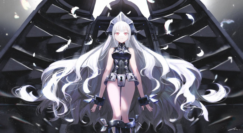 1girl akira_hou bangs black_footwear boots breasts chastity_belt closed_mouth eyebrows_visible_through_hair feathers fingerless_gloves gloves iron_maiden iron_maiden_jeanne keyhole knee_boots long_hair medium_breasts red_eyes shaman_king sidelocks silver_hair solo very_long_hair