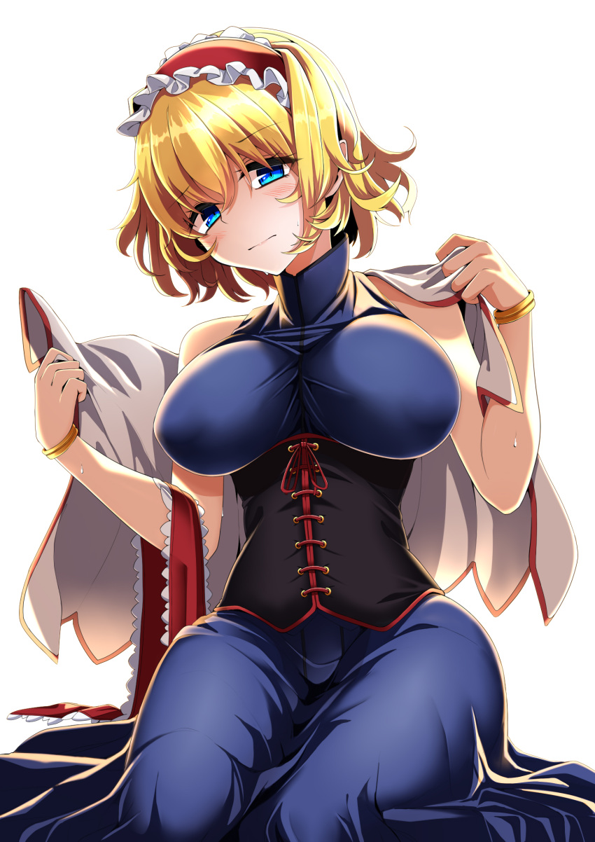 1girl alice_margatroid bangle bangs bare_shoulders black_corset blonde_hair blue_dress blue_eyes blush bracelet breasts capelet closed_mouth collared_dress commentary_request cross-laced_clothes dress eyebrows_visible_through_hair frilled_hairband frills full_body hair_between_eyes hairband head_tilt highres impossible_clothes impossible_dress jewelry large_breasts lolita_hairband looking_at_viewer red_hairband removing_capelet rihito_(usazukin) seiza short_hair simple_background sitting sleeveless sleeveless_dress solo sweatdrop touhou white_background white_capelet