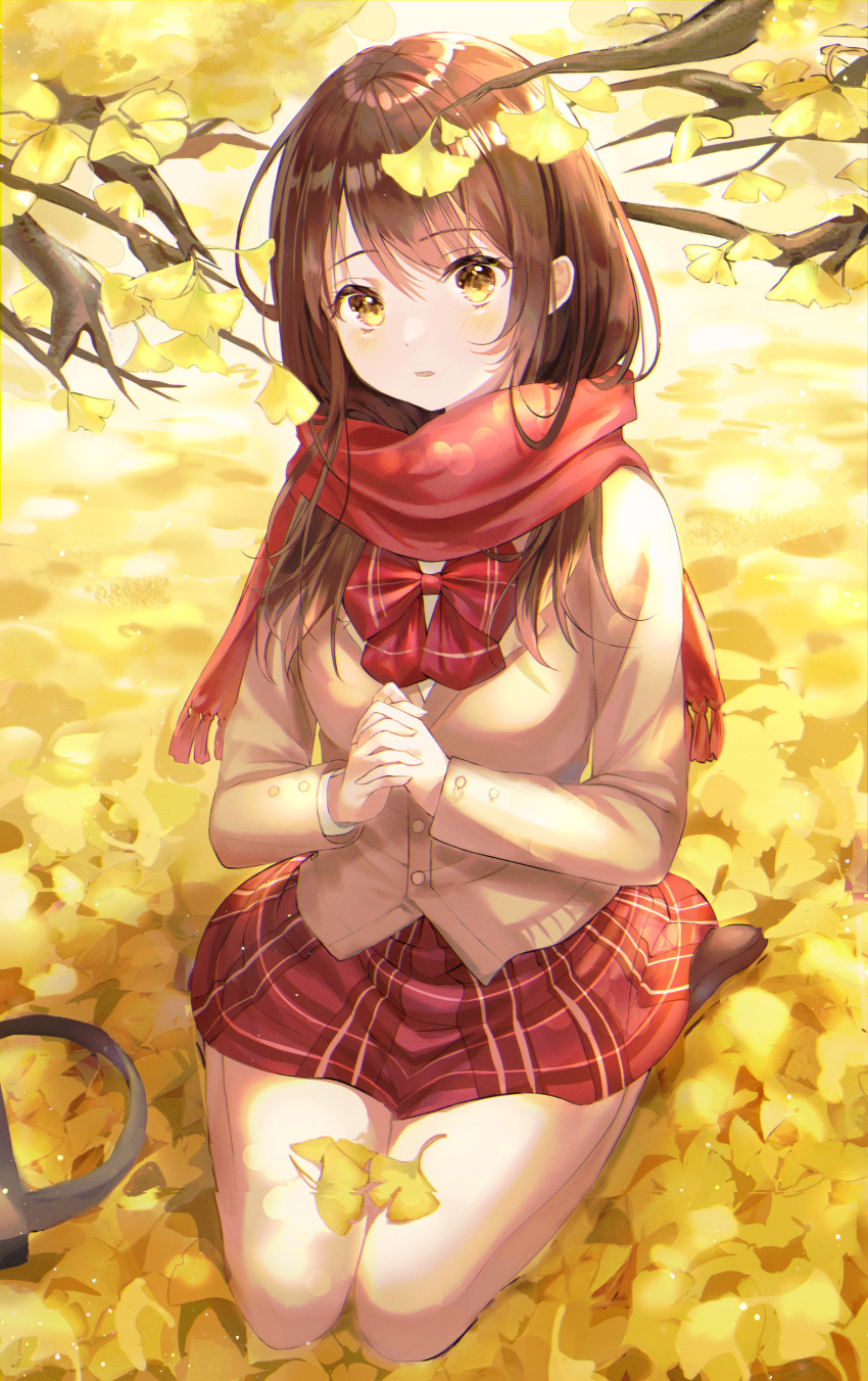 1girl absurdres autumn autumn_leaves bag bangs blazer blush bow bowtie branch breasts brown_hair chromatic_aberration day eyebrows_visible_through_hair fringe_trim from_above hands_clasped hands_up highres huge_filesize jacket leaf light_particles lisi long_hair looking_at_viewer on_ground original outdoors own_hands_together parted_lips plaid plaid_neckwear plaid_skirt red_neckwear red_scarf red_skirt scarf school_uniform shoes sitting skirt solo sunlight wariza yellow_eyes