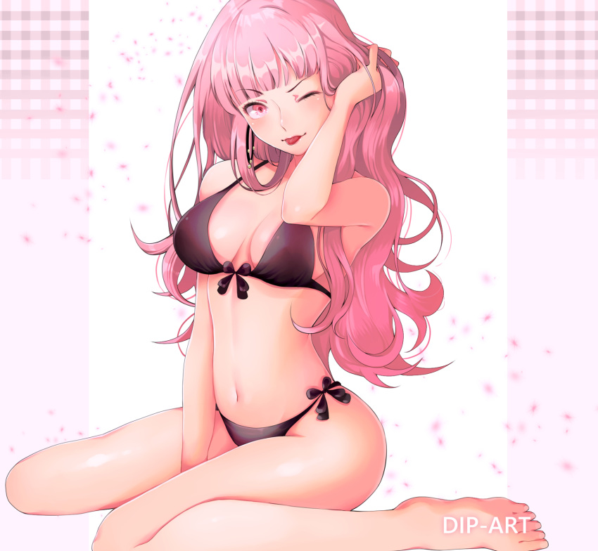 1girl artist_name barefoot bikini black_bikini dip_art earrings fire_emblem fire_emblem:_three_houses hair_down highres hilda_valentine_goneril jewelry long_hair one_eye_closed pink_eyes pink_hair sitting solo swimsuit tongue tongue_out