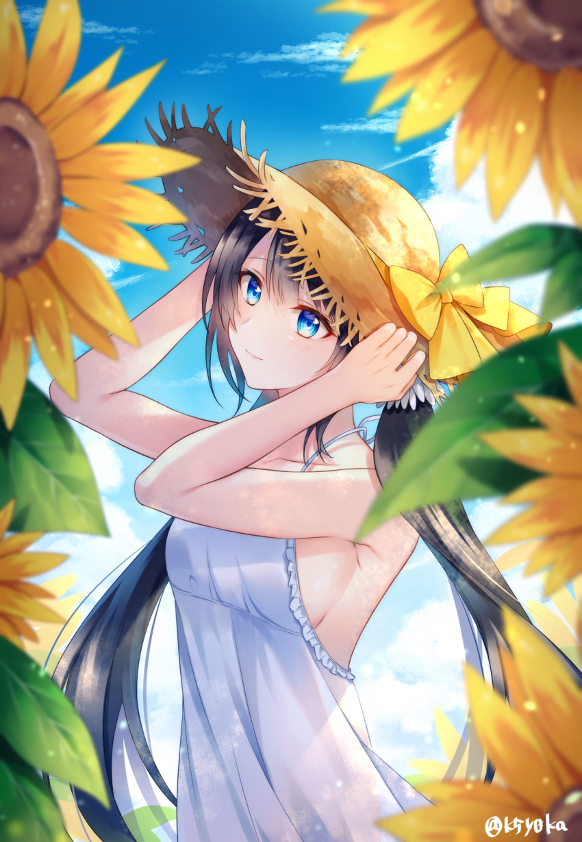 1girl arms_up artist_name bangs bare_arms bare_shoulders blue_eyes blue_sky blush bow breasts collarbone commentary_request day dress flower frilled_dress frills hands_on_headwear hat highres koyoka long_hair looking_at_viewer medium_breasts original outdoors sideboob sky sleeveless smile solo sun_hat sunflower white_dress yellow_bow
