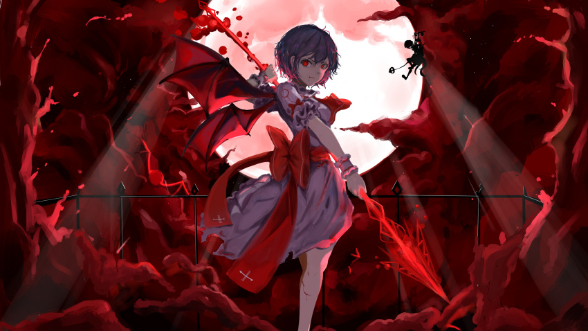 1girl arms_at_sides artist_request ascot bangs bat_wings blood blood_from_mouth blood_on_face blood_on_leg blood_splatter bow breasts chinese_commentary closed_mouth commentary_request cross cross_print dress evil_smile eyes_in_shadow feet_out_of_frame flandre_scarlet floating fog frilled_cuffs frilled_sleeves frills from_side full_body full_moon glowing glowing_eyes hand_up highres holding holding_spear holding_weapon laevatein laevatein_(tail) light_rays looking_back looking_to_the_side messy_hair moon moonlight multiple_girls no_hat no_headwear open_mouth outstretched_arm pink_dress polearm purple_hair railing red_bow red_eyes red_neckwear red_sash red_theme red_wings remilia_scarlet sash scratches serious short_hair short_sleeves sidelocks silhouette slit_pupils small_breasts smile spear spear_the_gungnir tail torn_clothes torn_dress touhou two-handed vampire weapon wings wrist_cuffs