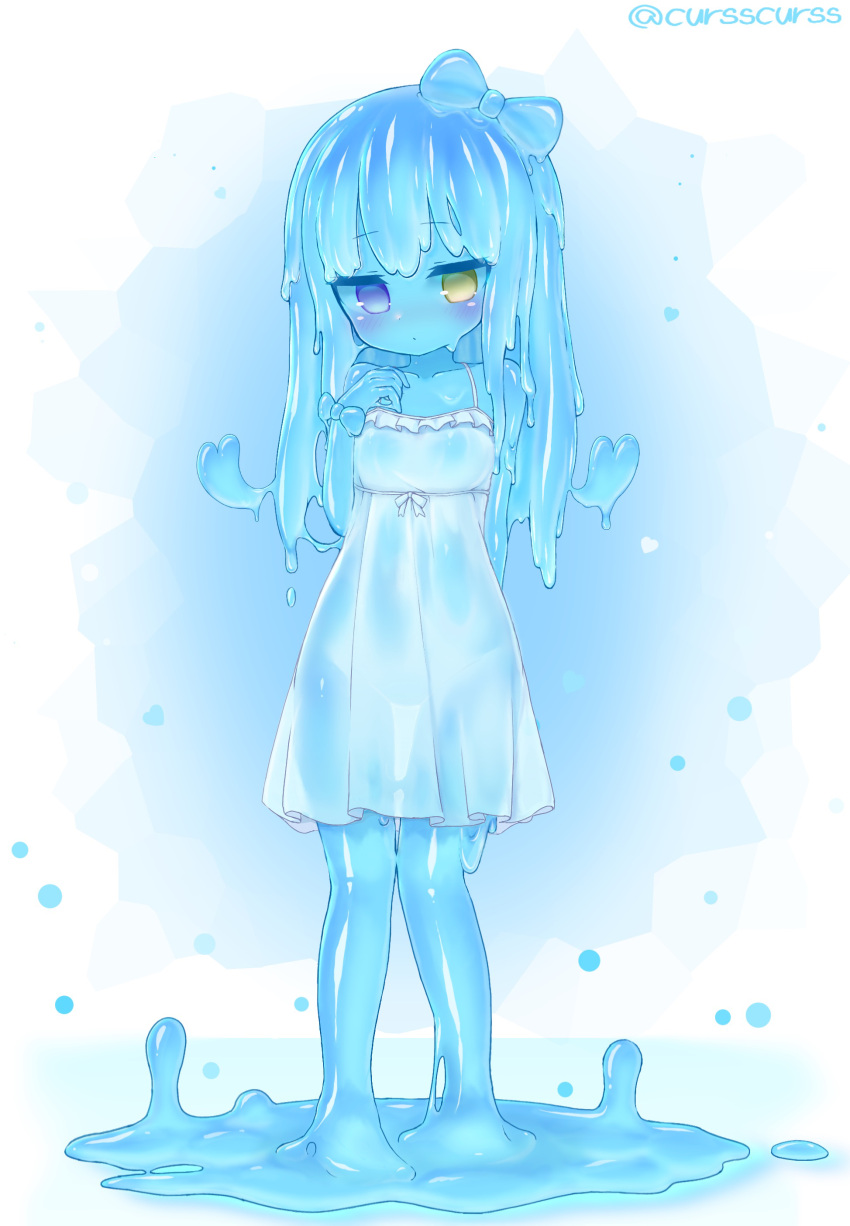 1girl absurdres barefoot blue_bow blue_hair blue_skin blush bow closed_mouth dot_mouth dot_nose dress eyebrows_visible_through_hair full_body hair_bow hand_up heart heterochromia highres kixyuresu long_hair looking_at_viewer monster_girl original slime_girl solo standing sundress twitter_username violet_eyes wet wet_clothes wet_dress white_dress yellow_eyes