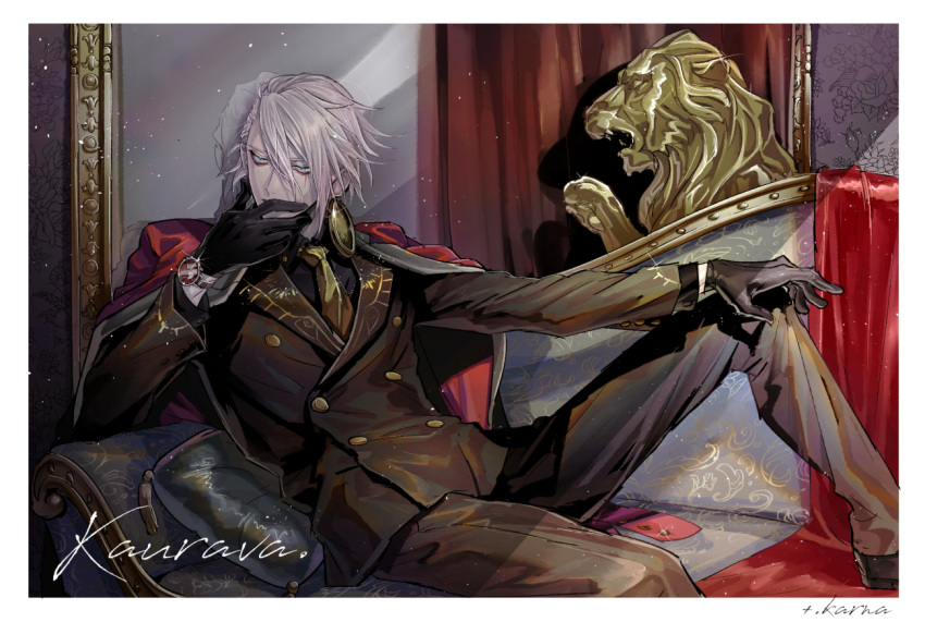 1boy bangs black_gloves black_jacket black_pants black_shirt black_suit blue_eyes border closed_mouth coat coat_on_shoulders commentary_request couch cushion dress_shirt earrings fate/grand_order fate_(series) gloves hair_between_eyes hand_on_own_knee heroic_spirit_formal_dress jacket jewelry karna_(fate) leaning_back lion long_sleeves looking_away male_focus mirror necktie pale_skin pants red_coat shirt short_hair sitting solo statue tori_shiru watch watch white_background white_border white_hair yellow_neckwear