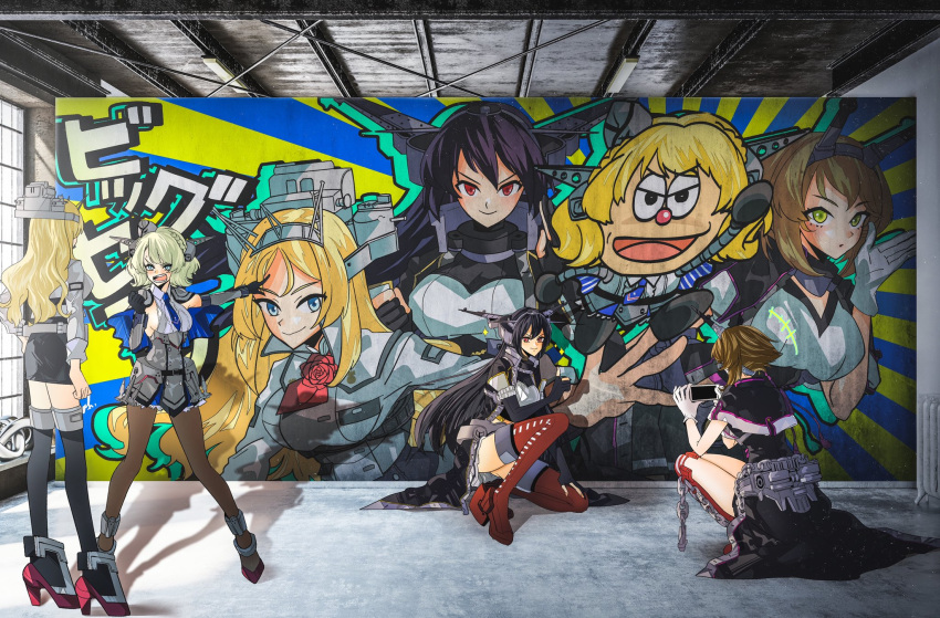 4girls anno88888 bangs black_gloves black_hair black_legwear black_skirt blonde_hair blue_eyes blush braid breasts brown_hair capelet caricature cellphone chain clenched_hand colorado_(kantai_collection) commentary_request garrison_cap gloves graffiti hat headgear highres holding holding_phone indoors kantai_collection long_hair multiple_girls mutsu_(kantai_collection) nagato_(kantai_collection) necktie nelson_(kantai_collection) open_mouth pantyhose partially_fingerless_gloves phone pointing pose red_legwear remodel_(kantai_collection) rudder_footwear short_hair skirt smartphone smile sparkle squatting standing taking_picture thigh-highs white_gloves window