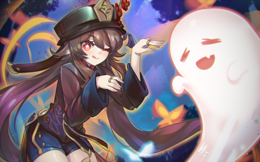 1girl :d ;q bangs bent_over black_hair black_shorts blurry bug butterfly chinese_clothes clouds cloudy_sky depth_of_field eyebrows_visible_through_hair flower genshin_impact ghost ghost_pose hair_between_eyes hat hat_flower hat_ornament hu_tao_(genshin_impact) jewelry kaizeru long_hair long_sleeves looking_at_viewer night night_sky one_eye_closed open_mouth red_eyes ring short_shorts shorts sidelocks sky smile symbol-shaped_pupils tongue tongue_out twintails wide_sleeves