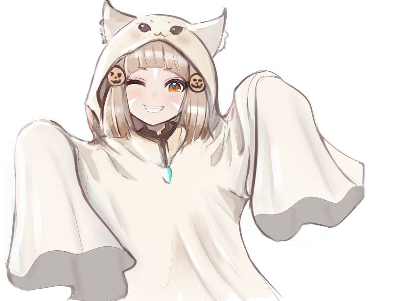 1girl animal_ears bangs blunt_bangs cat_ears cropped_torso fangs ghost_costume grin hair_ornament halloween_costume hood hood_up jack-o'-lantern jack-o'-lantern_hair_ornament looking_at_viewer nia_(xenoblade) one_eye_closed short_hair silver_hair simple_background smile solo usausanopopo5 very_long_sleeves white_background xenoblade_chronicles_(series) xenoblade_chronicles_2 yellow_eyes