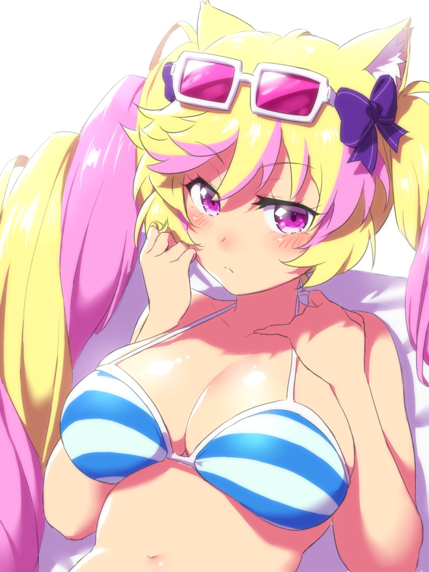 1girl animal_ear_fluff animal_ears bikini blonde_hair blue_bikini blush bow breasts cat_ears cat_girl closed_mouth commentary_request eyewear_on_head hair_bow halterneck hands_up highres large_breasts looking_at_viewer mashima_himeko_(show_by_rock!!) multicolored_hair navel onsoku_inu pink-tinted_eyewear pink_hair purple_bow purple_eyes show_by_rock!! solo striped striped_bikini sunglasses swimsuit tinted_eyewear twintails two-tone_hair upper_body