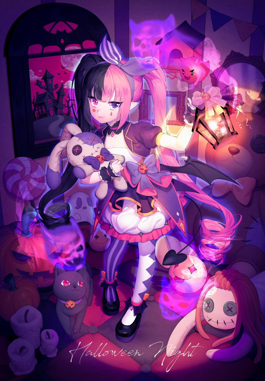 1girl absurdres apron bangs bat_wings black_apron black_bow black_cat black_footwear black_hair black_legwear bow candle candy cat choker commentary_request contrapposto demon_girl demon_tail doll doll_hug dress facial_tattoo food frilled_cuffs frilled_dress frills gem ghost hairband halloween highres holding holding_lamp house huge_filesize indoors lace-trimmed_choker lace_trim lamp lemonpear lollipop looking_at_viewer low_wings mirror mismatched_legwear original pantyhose pink_bow pink_choker pink_hair pointy_ears puffy_short_sleeves puffy_sleeves pumpkin purple_bow red_eyes short_sleeves shrug_(clothing) smile solo star_tattoo stuffed_animal stuffed_bunny stuffed_toy swirl_lollipop tail tattoo teardrop_tattoo teddy_bear twintails violet_eyes white_dress white_legwear wings wrist_cuffs