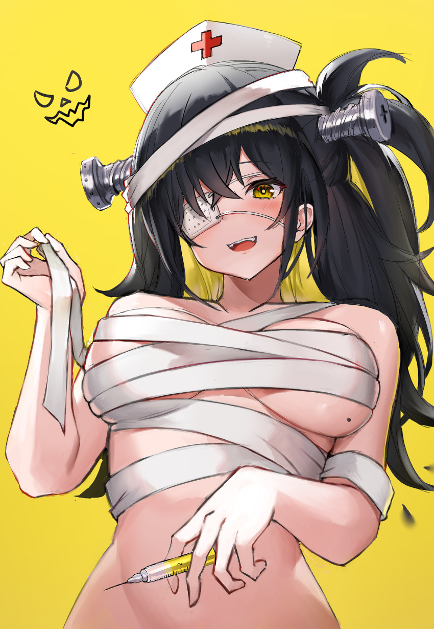 1girl 666_(ro_ro_ro3) :d absurdres bandages bangs bare_shoulders black_hair breasts commentary_request eyepatch fang hair_between_eyes hand_up hat highres holding holding_syringe medical_eyepatch medium_breasts mole mole_on_breast nurse_cap open_mouth original red_cross sarashi simple_background smile solo syringe yellow_background yellow_eyes
