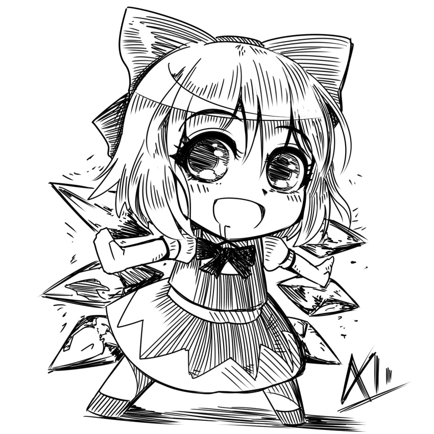 a-xii bow chibi cirno eyebrows_visible_through_hair highres ice ice_wings monochrome open_mouth saliva smile solo touhou wings